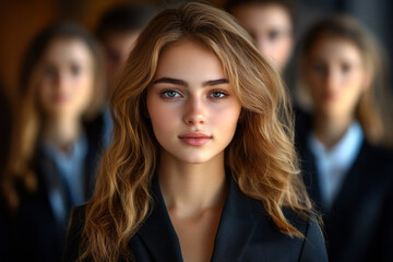 Obraz premium young businesswoman stands in front of her team