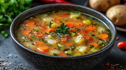 Bowl of Hearty Vegetable Soup with Carrots, Potatoes, Celery, and Herbs for Healthy Eating