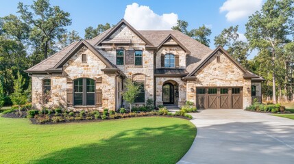 Obraz premium Elegant suburban home with stone exterior and lush landscaping