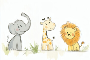 Fototapeta premium Playful Cartoon Animal Sketch: Elephant, Giraffe, and Lion