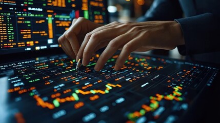 Obraz premium Close-Up of Hands Analyzing Financial Data on Digital Screen