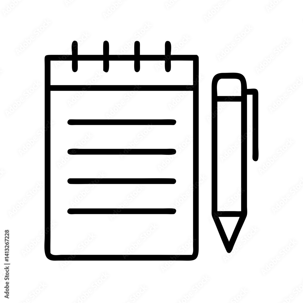 Poster notebook and pen vector icon for writing notes and planning tasks in outline style design 90