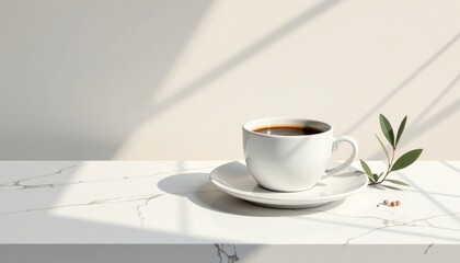 自然光下的咖啡与绿叶