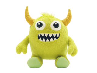 Plush Monster : a friendly lime-colored monster with three bulging eyes, furry horns and a toothy smile, isolated on a white background