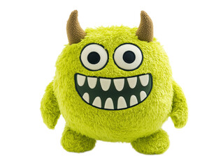 Plush Monster : a friendly lime-colored monster with three bulging eyes, furry horns and a toothy smile, isolated on a white background