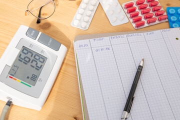 health daily tracking, hand writing blood pressure readings from monitor on sheet of paper,...