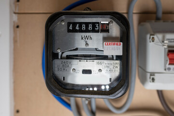 Electricity meter on wall, energy consumption measurement, household appliance, power meter,...