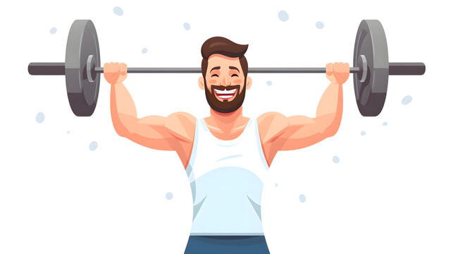 Professional cartoon illustration of a happy young sporty man doing barbell lifting exercise