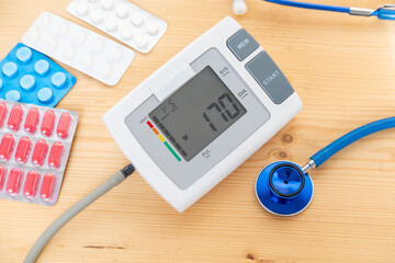 Digital device measuring blood pressure and pulse, ideal for personal health and hypertension...