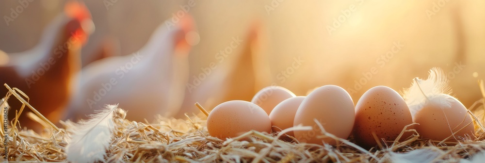 Aufkleber fresh. organic eggs rest on a bed of hay in a chicken coop. bathed in the warm glow of sunrise or su
