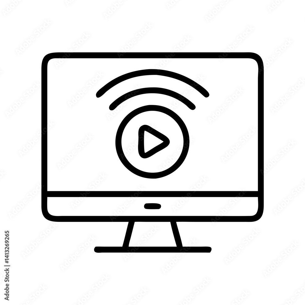 Poster streaming video on demand on computer screen with play button and wifi signal broadcast icon vector