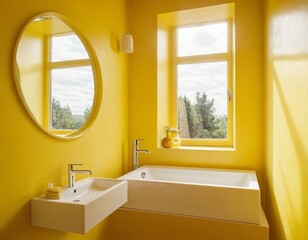Bright and airy bathroom with vivid yellow walls, featuring a modern sink and bathtub.