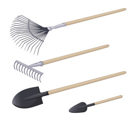 Set of Garden Tools with Leaf Rake Metal Rake Shovel and Trowel Vector
