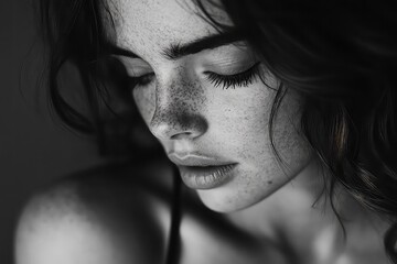 Fototapeta premium Beautiful black-and-white portrait of a pregnant woman gazing down at her belly