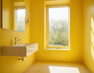 Bright yellow bathroom featuring a modern sink and large window with a view of greenery.