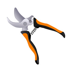 Pruning shears with orange handle, gardening tool. Vector illustration