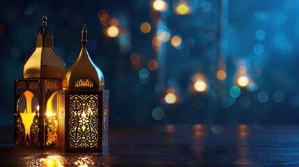 Obraz premium Ramadan lanterns on wooden table, blurred lights background. Possible use greeting card, website backdrop