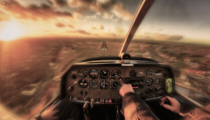Personal perspective of a pilot in the Cockpit of a plane making an emergency landing 