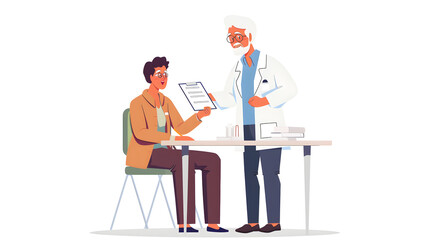Professional medical secretary assisting elderly patient with filling out paperwork in clinic setting