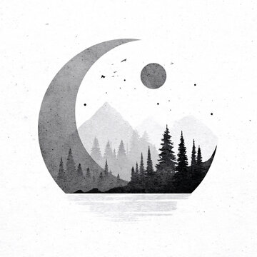 black and white tree and moon illustrations with minimalist style, abstract nature designs with ink and watercolor effects, silent forest drawings, artistic line compositions for print or poster use