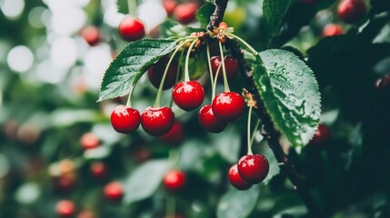 Obraz premium Fresh, ripe cherries on a branch. Clusters of juicy red cherries hang from a leafy branch, glistening with moisture