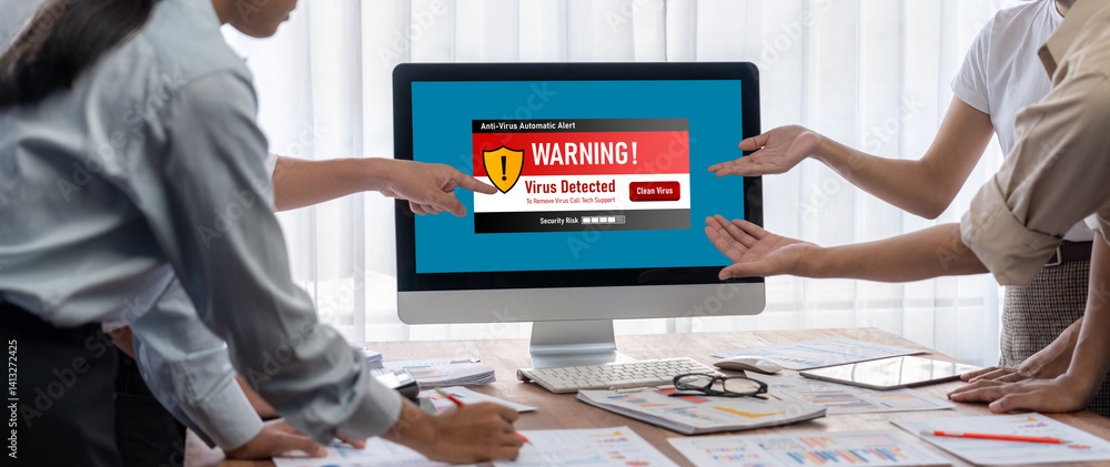 Poster Virus warning alert on computer screen detected brisk cyber threat , hacker, computer virus and malware