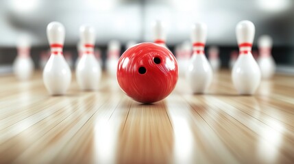 A bowling ball strikes a set of pins on a wooden lane, with a blurred background.