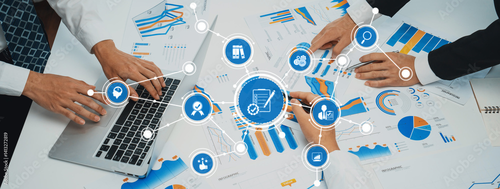 Poster an engaging modern workspace where professionals collaborate on business analysis using technology. 