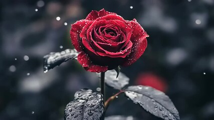 Scarlet Blossom: A close-up study of a vibrant rose with raindrops - Powered by Adobe