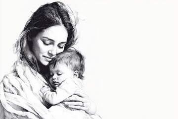 Mother and child embrace in hand drawn black and white line art illustration