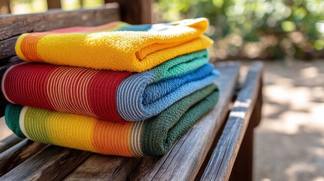 Colorful towels stacked on a weathered wooden bench outside