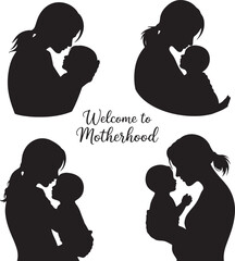 Mother holding child silhouette vector illustration isolated On Transparent  Background ,mothers day silhouette vector