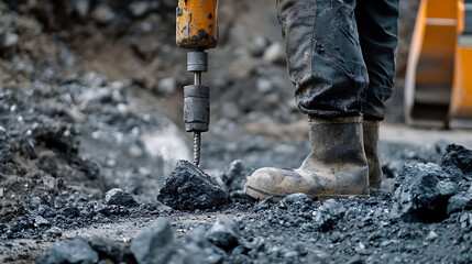 Mining worker drilling rock at an excavation site. Featuring rock drilling and excavation process