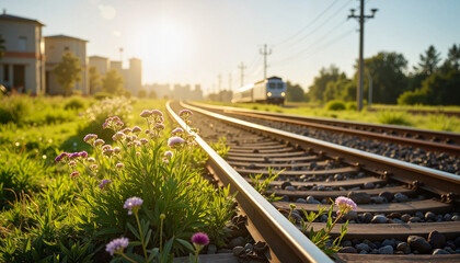 Obraz premium Mugwort growing by railway tracks at midday, nature's resilience