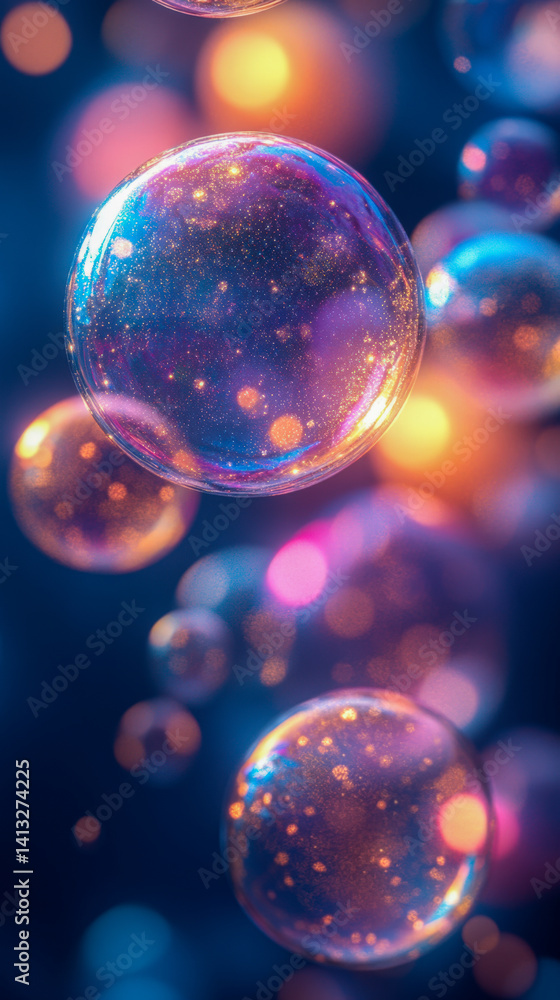 Poster exploring the mesmerizing beauty of soap bubbles in a captivating abstract macro setting with vibran