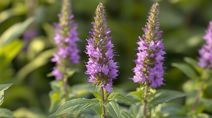 Fototapeta premium Purple flowers bloom in a sunny garden on a bright day with green foliage