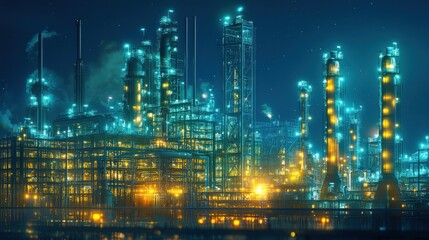 Nighttime Industrial Complex with Bright Lights and Smoky Skies