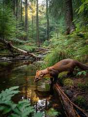 A marten walks through the forest
