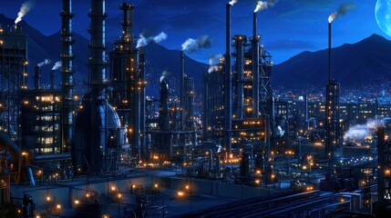 Nighttime Industrial Landscape with Smokestacks and City Lights