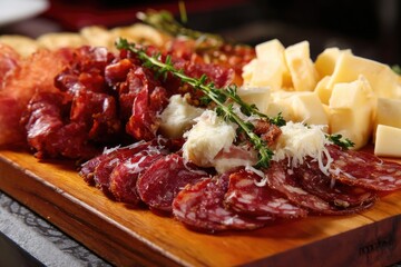 A close-up of Brazilian cheese and cured meats served on a wooden charcuterie board
