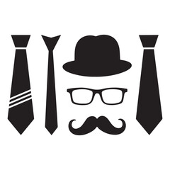 Gentleman Icon Set Hat, Glasses, Mustache, Tie and Bow Tie Silhouette