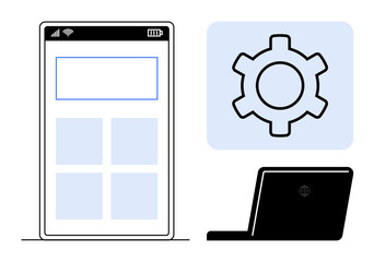 Mobile interface with app layout, gear icon symbolizing settings, and laptop, emphasizing app design, technology, software development. Ideal for IT management, web design, UX UI testing simple