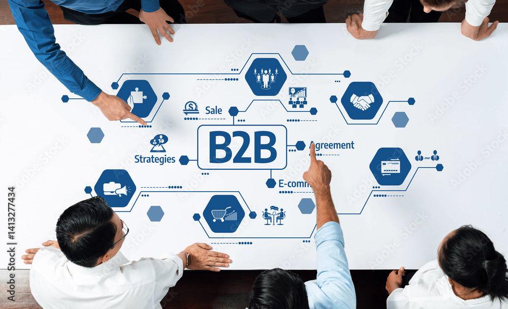 Leinwandbilder a group of professionals collaborates around a table, pointing at b2b strategies and icons, emphasiz