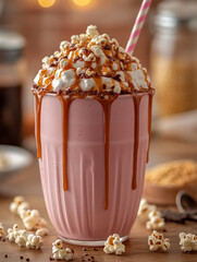 Pink milkshake with caramel drizzle and popcorn topping.
