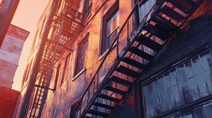 Urban Fire Escape on Vintage Brick Building at Sunset Glow