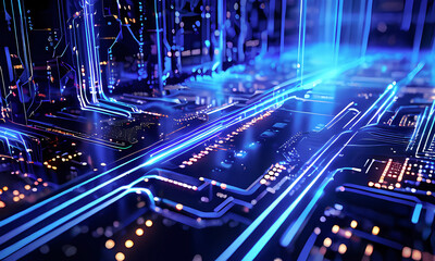 Fototapeta premium fiber optics, blue background with lots light spots, futuristic network information, web science technology data center concept