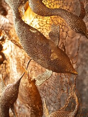 This striking sculpture features fishing nets intertwined with beautifully detailed sea creatures all crafted from fine bronze. Warm lighting enhances the golden tones and intricate patterns