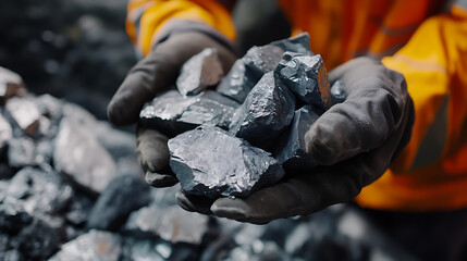 Mining worker handling mineral samples in a lab at a mining site. Featuring material testing and analysis