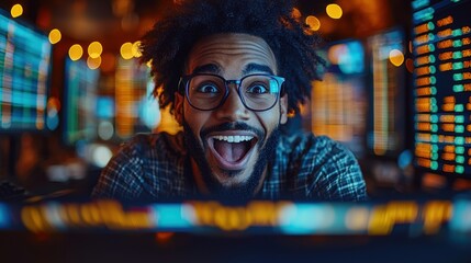 Obraz premium Joyful man in glasses celebrating success in a trading room environment