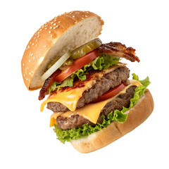 Burger cut in half with detailed layers isolated on transparent PNG  